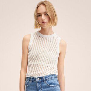 Mango | NWOT Openwork Knit Cotton Linen Sleeveless Top in Ecru White Size Large